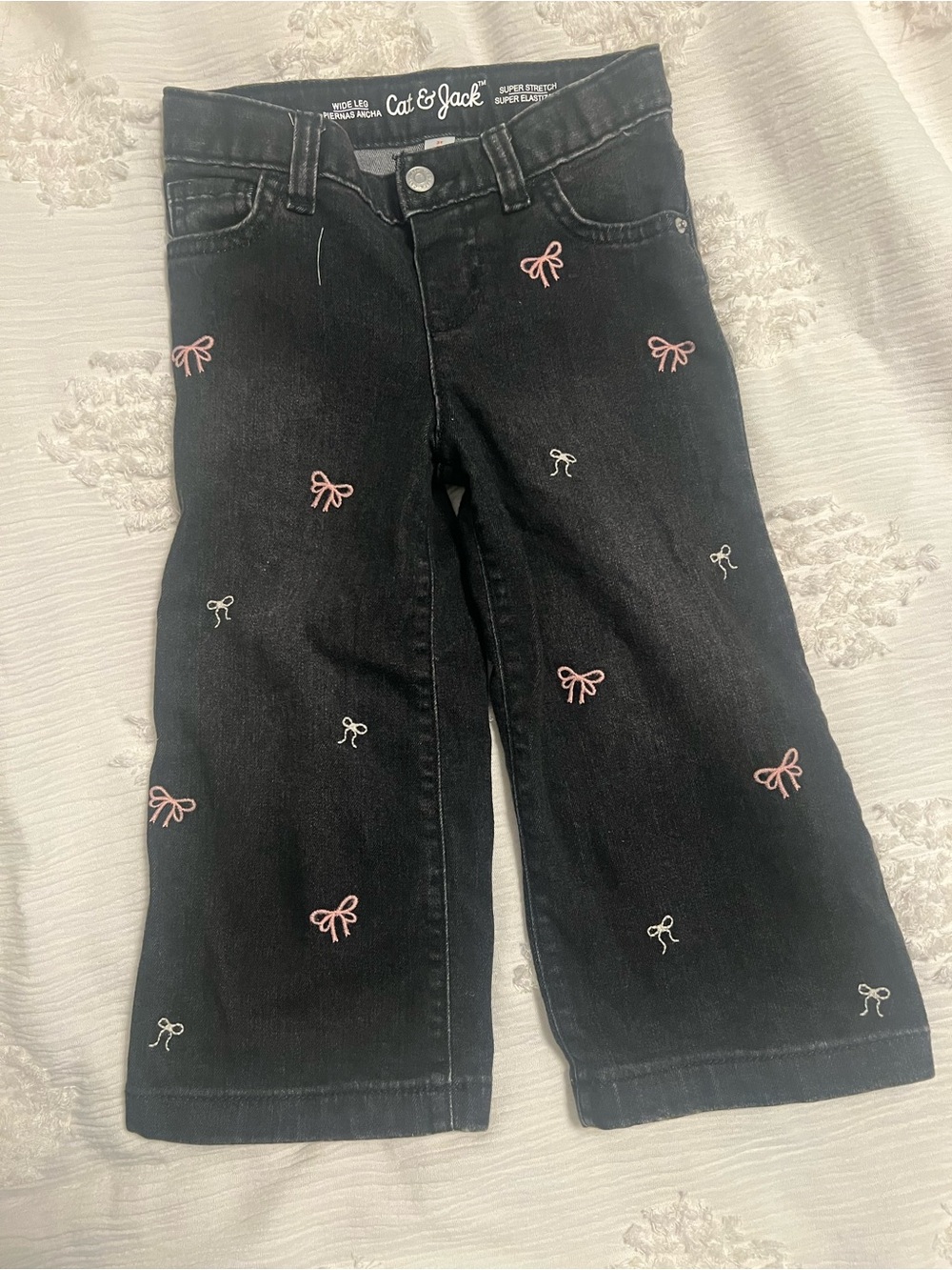 Cat & Jack Black Wide leg Jeans with Pink & White Bow Embroidery